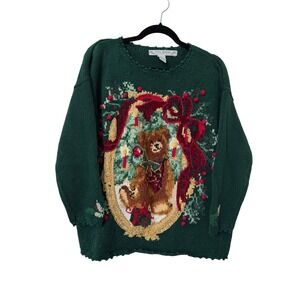 Santa Barbara Clothing Co Vintage Christmas Teddy Bear Knit Sweater Green Large